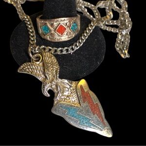 Turquoise & Coral Mosaic Inlay Necklace Ring Jewelry Set Silver Eagle Arrowhead
